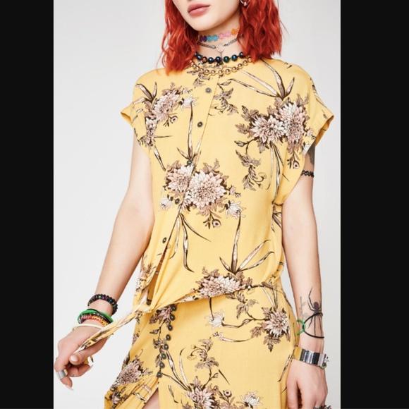 Lira Tops - Lira Alannah Yellow Floral Print Tie Front Blouse